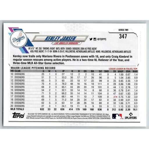 2021 Topps Baseball Complete Set Kenley Jansen Los Angeles Dodgers #347 - Collectible Craze America