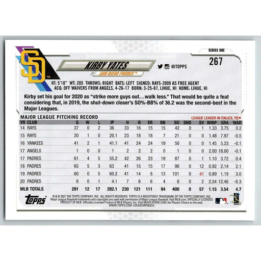 2021 Topps Baseball Complete Set Kirby Yates San Diego Padres #267 - Collectible Craze America