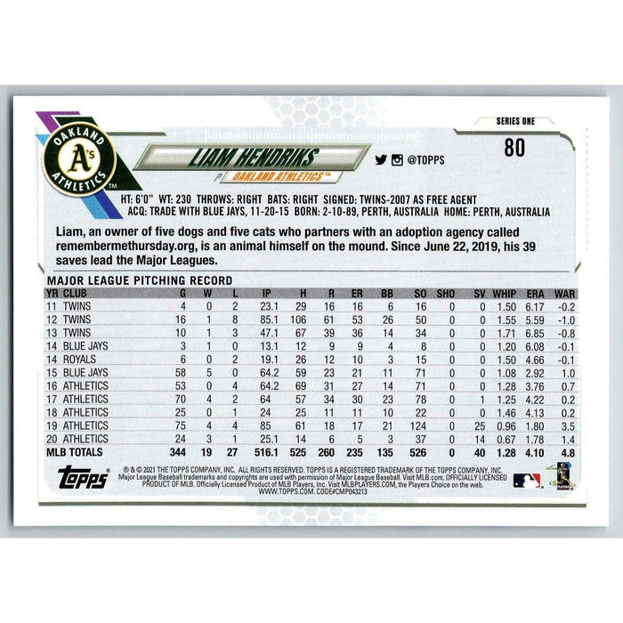 2021 Topps Baseball Complete Set Liam Hendricks Oakland Athletics #80 - Collectible Craze America