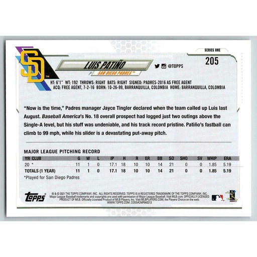 2021 Topps Baseball Complete Set Luis Patiño RC San Diego Padres #205 - Collectible Craze America