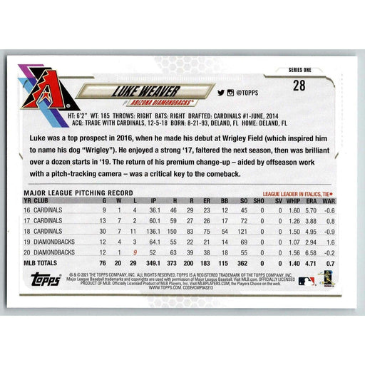 2021 Topps Baseball Complete Set Luke Weaver Arizona Diamondbacks #28 - Collectible Craze America