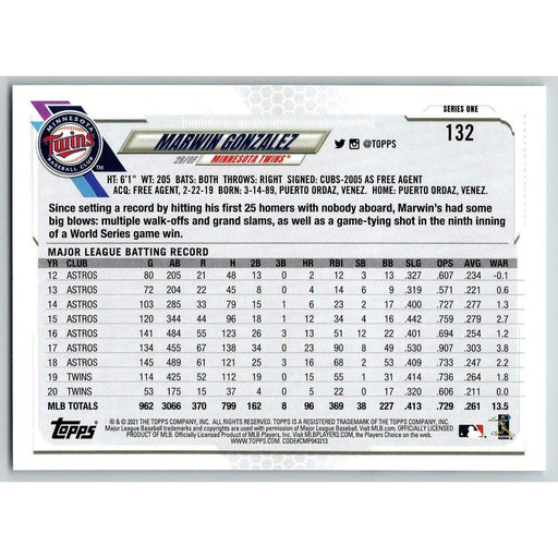 2021 Topps Baseball Complete Set Marwin Gonzalez Minnesota Twins #132 - Collectible Craze America