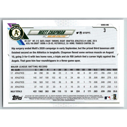 2021 Topps Baseball Complete Set Matt Chapman Oakland Athletics #3 - Collectible Craze America