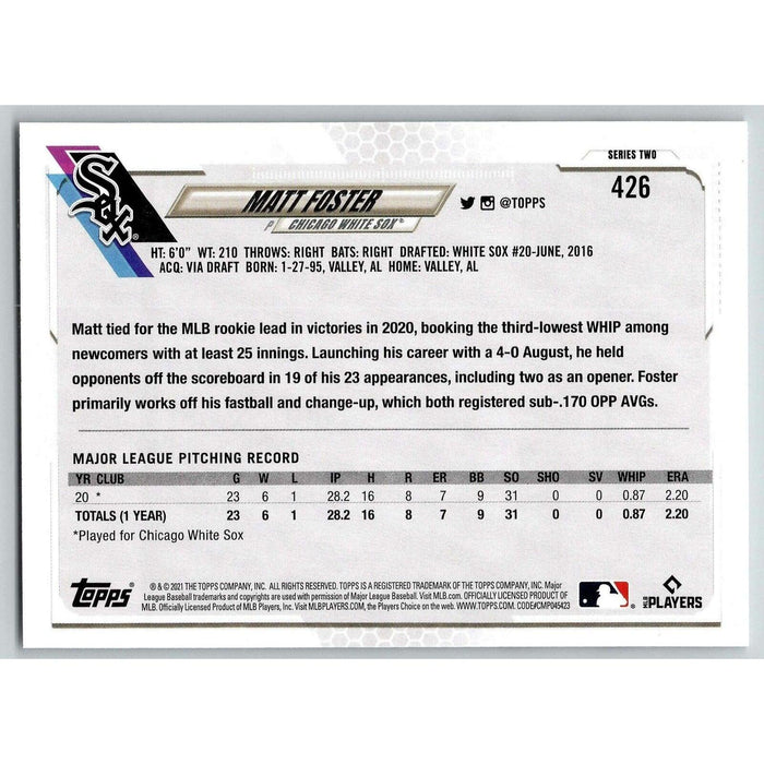 2021 Topps Baseball Complete Set Matt Foster RC Chicago White Sox #426 - Collectible Craze America