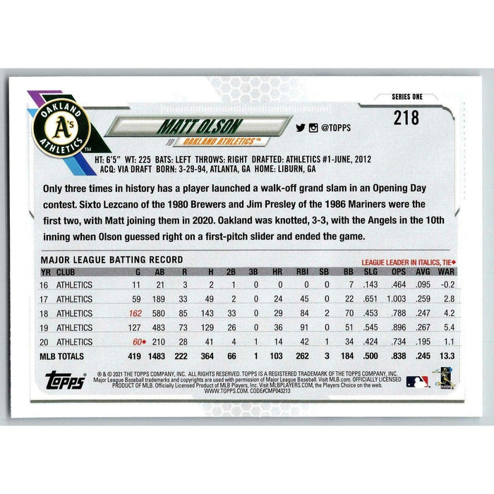 2021 Topps Baseball Complete Set Matt Olson Oakland Athletics #218 - Collectible Craze America