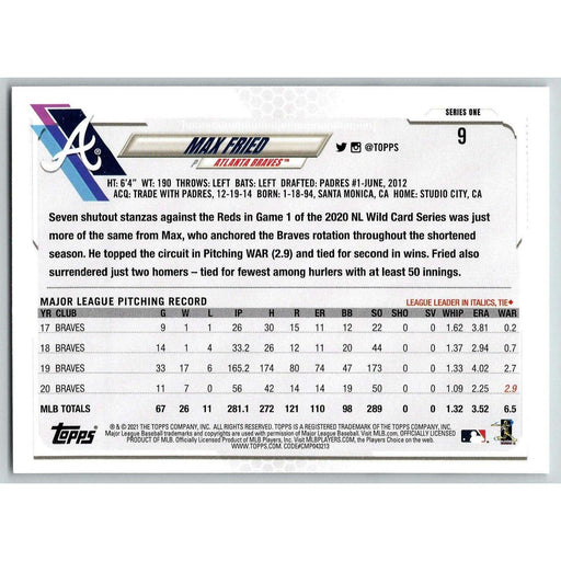 2021 Topps Baseball Complete Set Max Fried Atlanta Braves #9 - Collectible Craze America