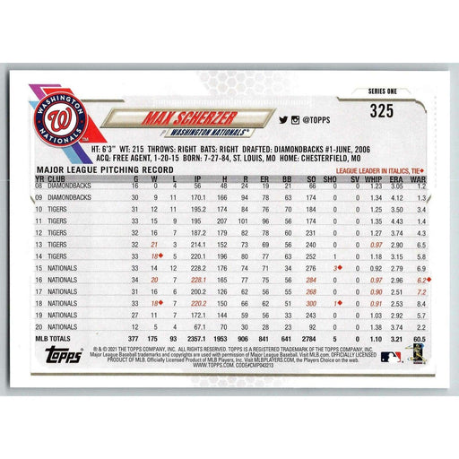 2021 Topps Baseball Complete Set Max Scherzer Washington Nationals #325 - Collectible Craze America