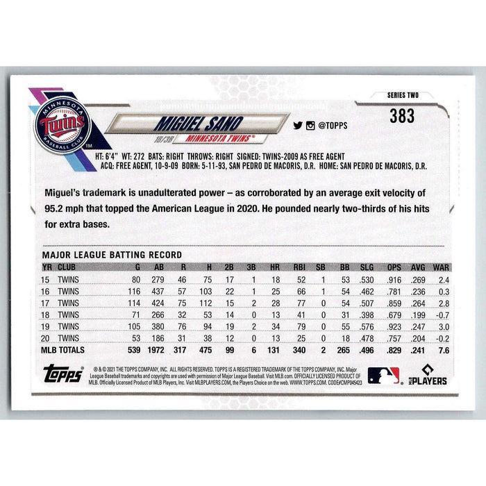 2021 Topps Baseball Complete Set Miguel Sano Minnesota Twins #383 - Collectible Craze America