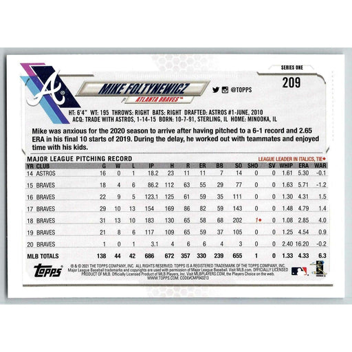 2021 Topps Baseball Complete Set Mike Foltynewicz Atlanta Braves #209 - Collectible Craze America