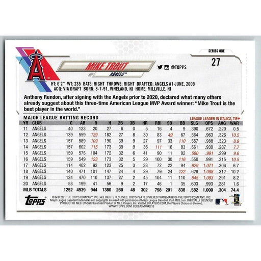 2021 Topps Baseball Complete Set Mike Trout Los Angeles Angels #27 - Collectible Craze America