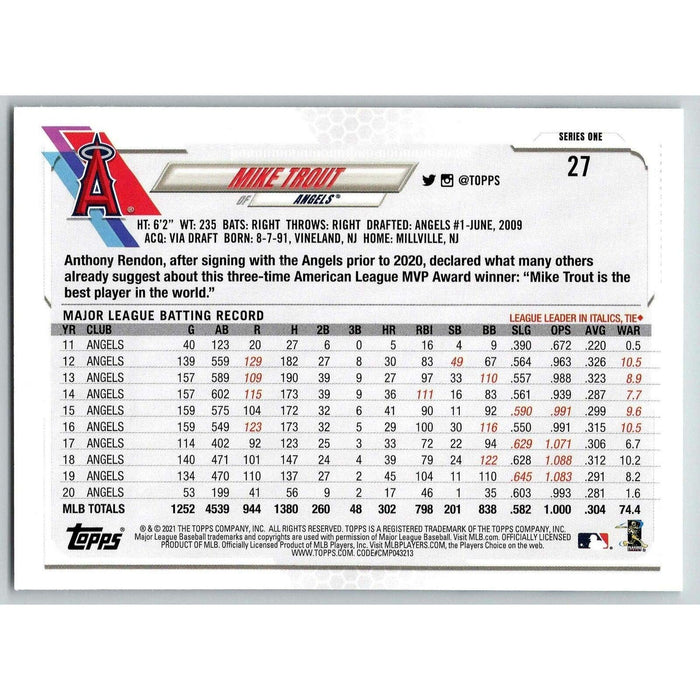 2021 Topps Baseball Complete Set Mike Trout Los Angeles Angels #27 - Collectible Craze America