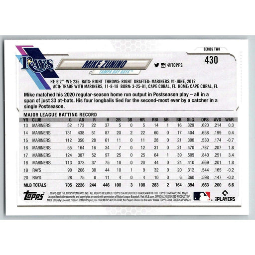 2021 Topps Baseball Complete Set Mike Zunino Tampa Bay Rays #430 - Collectible Craze America