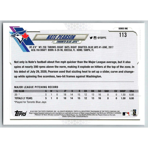 2021 Topps Baseball Complete Set Nate Pearson Toronto Blue Jays #113 - Collectible Craze America