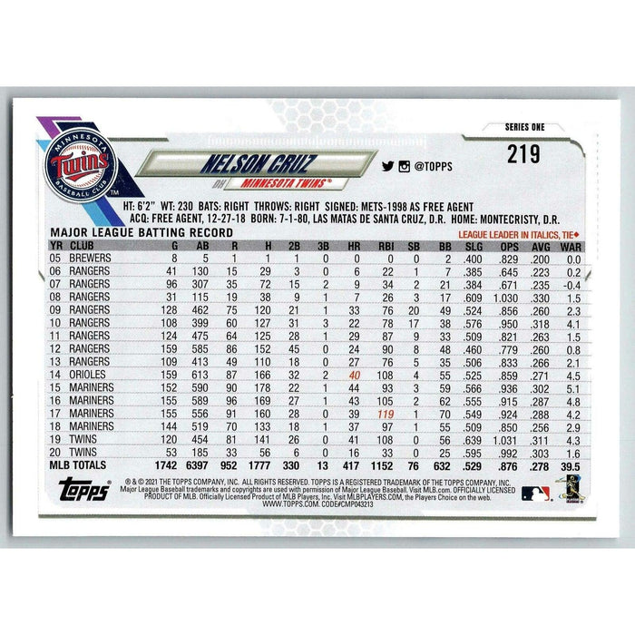 2021 Topps Baseball Complete Set Nelson Cruz Minnesota Twins #219 - Collectible Craze America