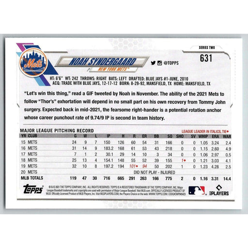 2021 Topps Baseball Complete Set Noah Syndergaard New York Mets #631 - Collectible Craze America