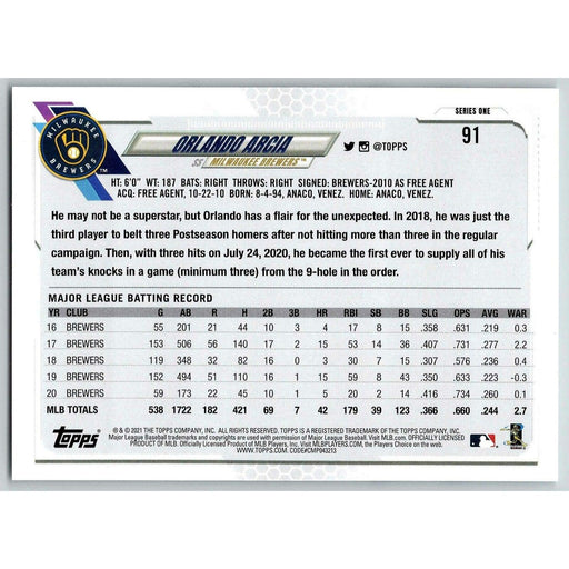 2021 Topps Baseball Complete Set Orlando Arcia Milwaukee Brewers #91 - Collectible Craze America