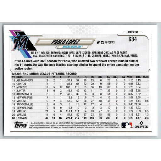 2021 Topps Baseball Complete Set Pablo Lopez Miami Marlins #634 - Collectible Craze America