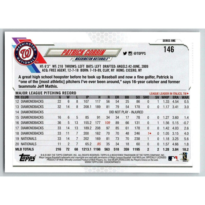 2021 Topps Baseball Complete Set Patrick Corbin Washington Nationals #146 - Collectible Craze America