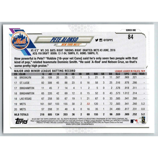 2021 Topps Baseball Complete Set Pete Alonso RC New York Mets #84 - Collectible Craze America