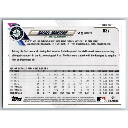 2021 Topps Baseball Complete Set Rafael Montero Seattle Mariners #637 - Collectible Craze America