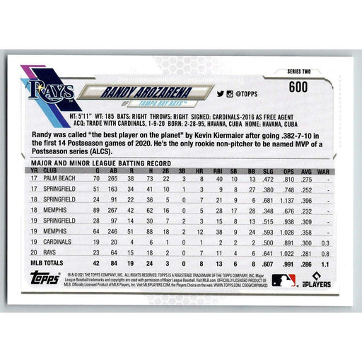 2021 Topps Baseball Complete Set Randy Arozarena Tampa Bay Rays #600 - Collectible Craze America