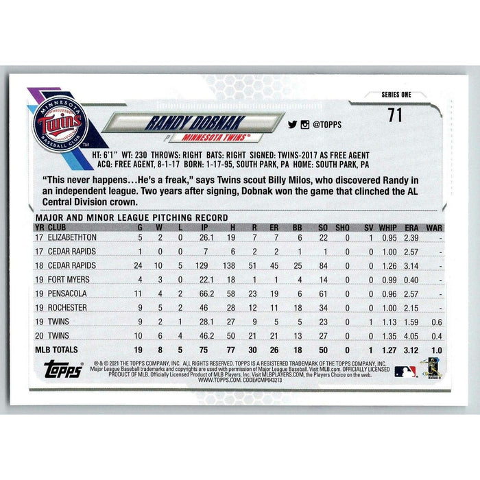 2021 Topps Baseball Complete Set Randy Dobnak Minnesota Twins #71 - Collectible Craze America