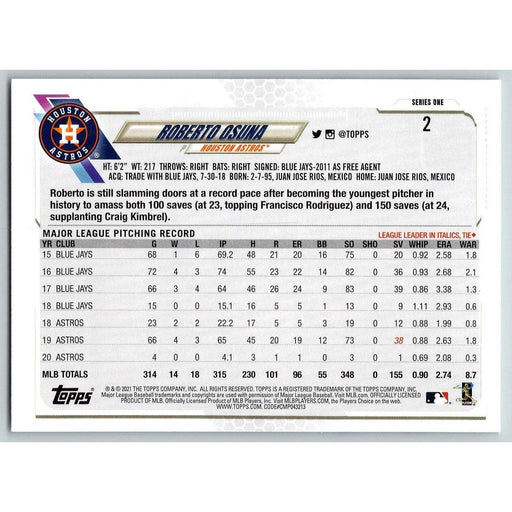 2021 Topps Baseball Complete Set Roberto Osuna Houston Astros #2 - Collectible Craze America