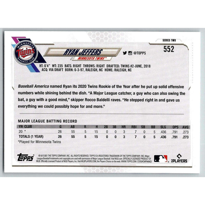 2021 Topps Baseball Complete Set Ryan Jeffers RC Minnesota Twins #552 - Collectible Craze America