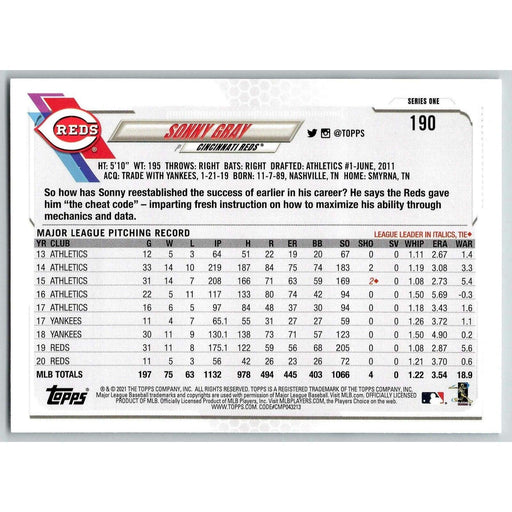 2021 Topps Baseball Complete Set Sonny Gray Cincinnati Reds #190 - Collectible Craze America