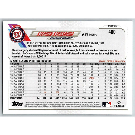 2021 Topps Baseball Complete Set Stephen Strasburg Washington Nationals #400 - Collectible Craze America