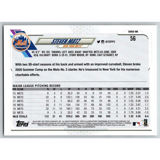 2021 Topps Baseball Complete Set Steven Matz New York Mets #56 - Collectible Craze America