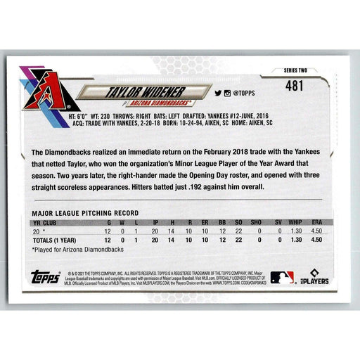 2021 Topps Baseball Complete Set Taylor Widener RC Arizona Diamondbacks #481 - Collectible Craze America