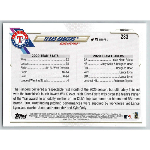 2021 Topps Baseball Complete Set Texas Rangers Texas Rangers #283 - Collectible Craze America