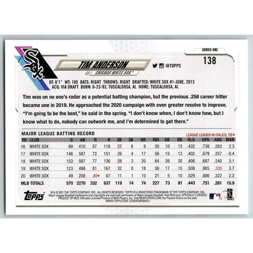 2021 Topps Baseball Complete Set Tim Anderson Chicago White Sox #138 - Collectible Craze America