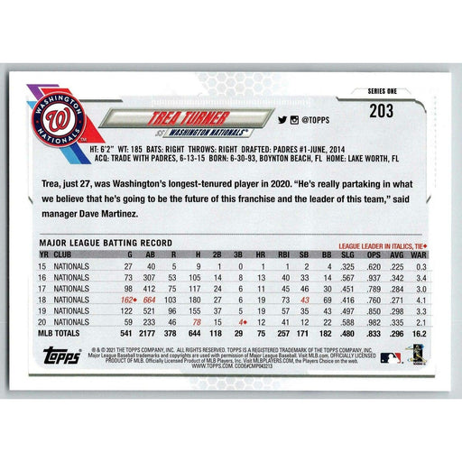 2021 Topps Baseball Complete Set Trea Turner Washington Nationals #203 - Collectible Craze America