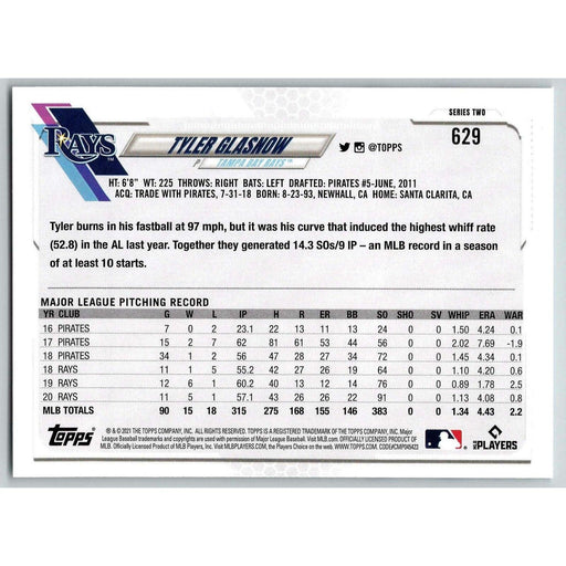 2021 Topps Baseball Complete Set Tyler Glasnow Tampa Bay Rays #629 - Collectible Craze America