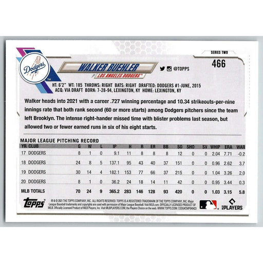 2021 Topps Baseball Complete Set Walker Buehler Los Angeles Dodgers #466 - Collectible Craze America