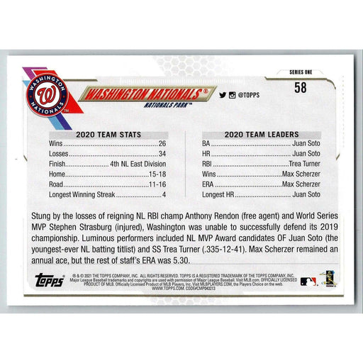 2021 Topps Baseball Complete Set Washington Nationals Washington Nationals #58 - Collectible Craze America