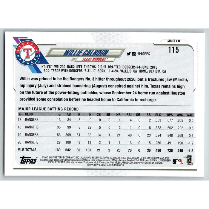 2021 Topps Baseball Complete Set Willie Calhoun Texas Rangers #115 - Collectible Craze America