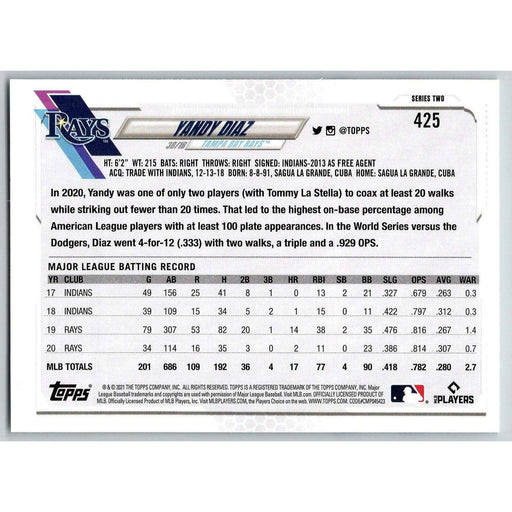 2021 Topps Baseball Complete Set Yandy Diaz Tampa Bay Rays #425 - Collectible Craze America