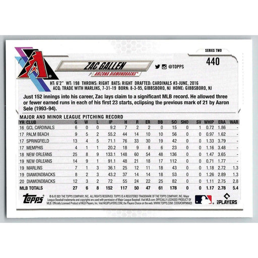 2021 Topps Baseball Complete Set Zac Gallen Arizona Diamondbacks #440 - Collectible Craze America