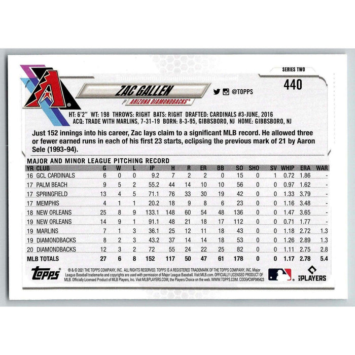 2021 Topps Baseball Complete Set Zac Gallen Arizona Diamondbacks #440 - Collectible Craze America