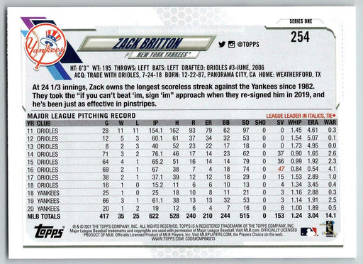 2021 Topps Baseball Complete Set Zach Britton New York Yankees #254 - Collectible Craze America