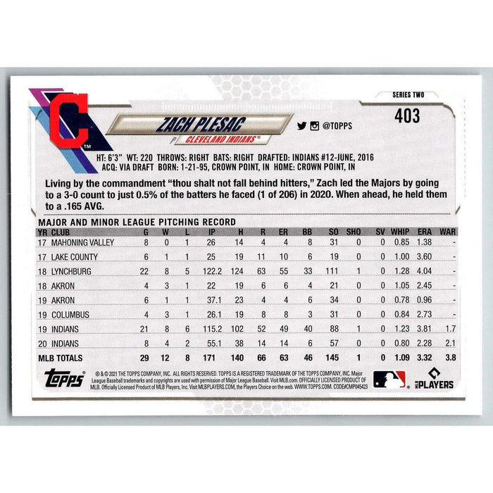 2021 Topps Baseball Complete Set Zach Plesac Cleveland Indians #403 - Collectible Craze America