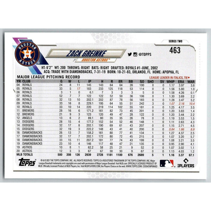 2021 Topps Baseball Complete Set Zack Greinke Houston Astros #463 - Collectible Craze America