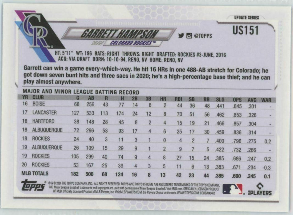 2021 Topps Chrome Sapphire Edition #US151 Garrett Hampson Colorado Rockies - Collectible Craze America