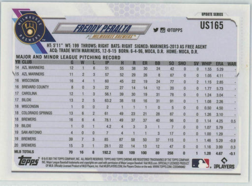 2021 Topps Chrome Sapphire Edition #US165 Freddy Peralta Milwaukee Brewers - Collectible Craze America