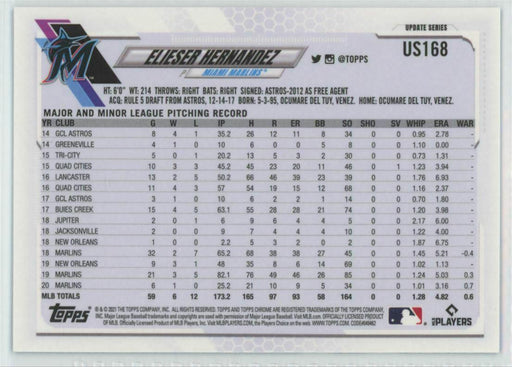 2021 Topps Chrome Sapphire Edition #US168 Elieser Hernandez Miami Marlins - Collectible Craze America