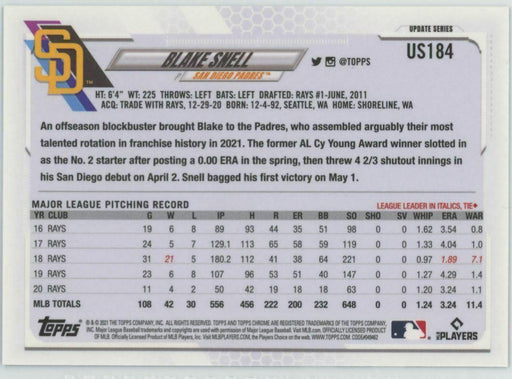 2021 Topps Chrome Sapphire Edition #US184 Blake Snell San Diego Padres - Collectible Craze America