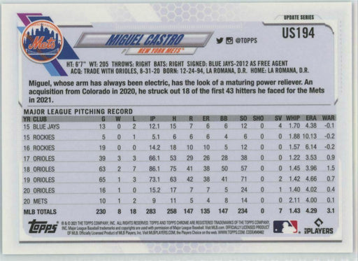 2021 Topps Chrome Sapphire Edition #US194 Miguel Castro New York Mets - Collectible Craze America